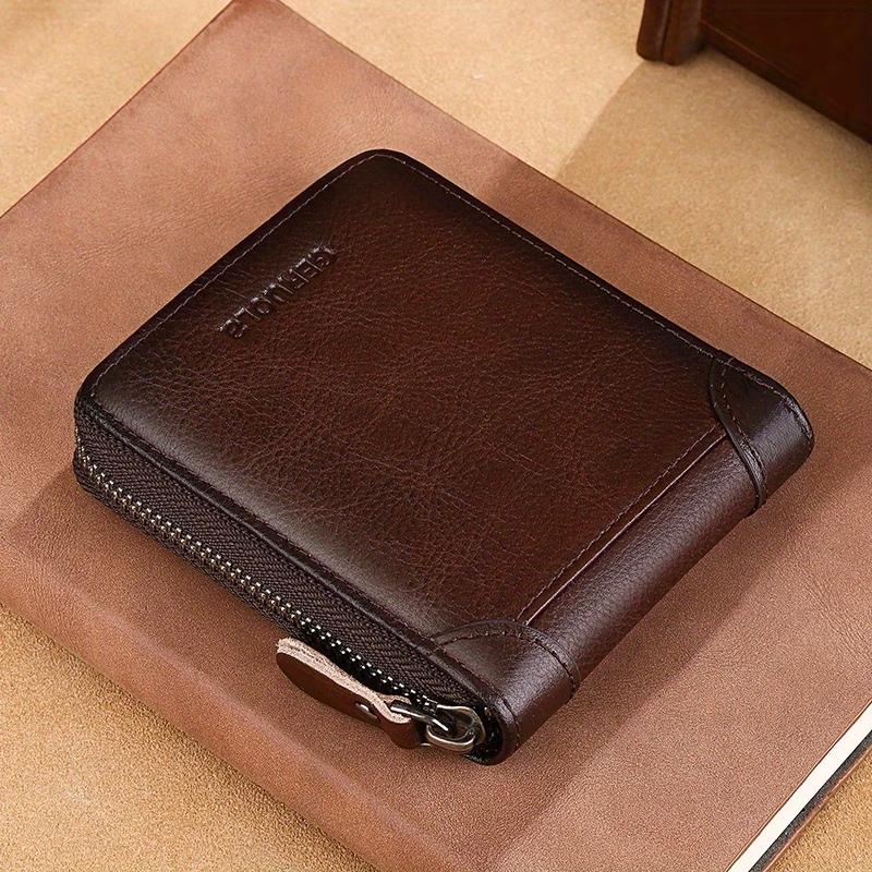Men'S New Genuine Leather Short Wallet with Large Capacity, Zipper, Tri-Fold Design, And Ultra-Thin Cardholder