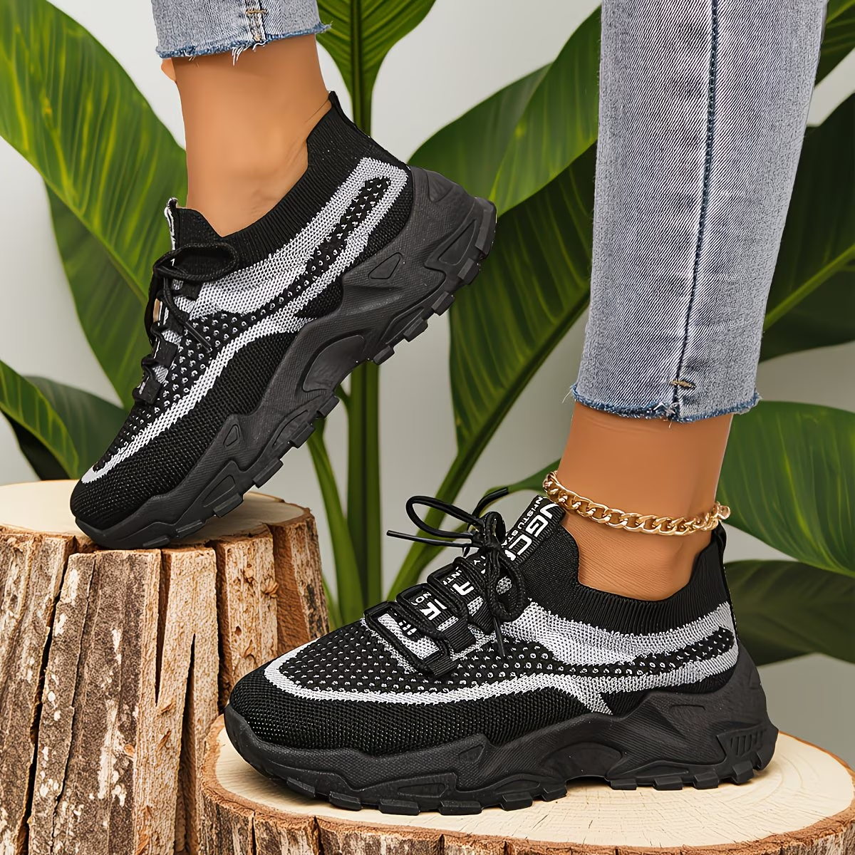 Women'S Color-Blocked Casual Sneakers, Breathable Lace-Up Running Shoes with Flying Woven Design, Stylish Mesh Platform Casual Footwear., Women Shoes