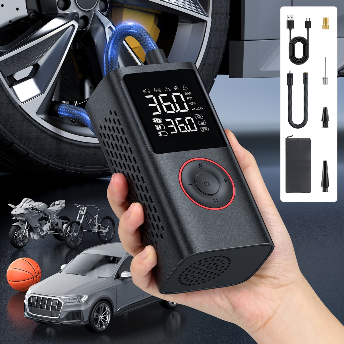 Holiday Special! [Cordless Tire Inflator] Portable Tire Inflator - Cordless Air Compressor with Digital Gauge & LED Light, USB Rechargeable, 3X Fast Inflation for SUV, Cars, Bikes, Motorcycles & Sports Equipment And Ball