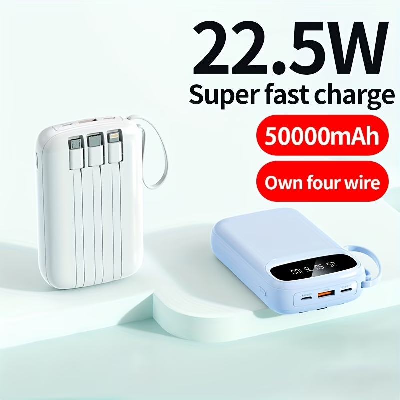 50000mAh Portable Power Bank, Comes With Four Data Cables/lanyard/LED Power Display, Suitable For Fast Charging Of Mobile Phones Such As IPhone/Android And Digital Electronic Products, Outdoor Portable Emergency Power Backup Battery Pack, Gift