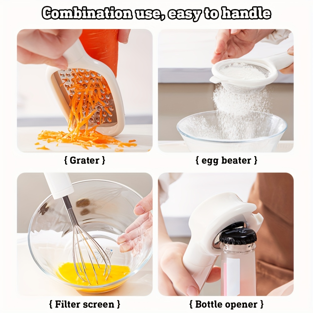 6pcs Multi-piece kitchen tool set, including a strainer, peelers (both vertical and horizontal), grater, bottle opener, and egg beater.