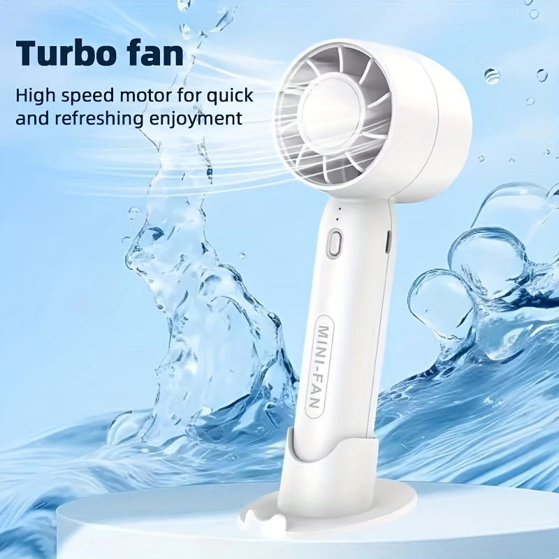 New mini handheld fan, USB rechargeable, comes with a stand for holding your phone.