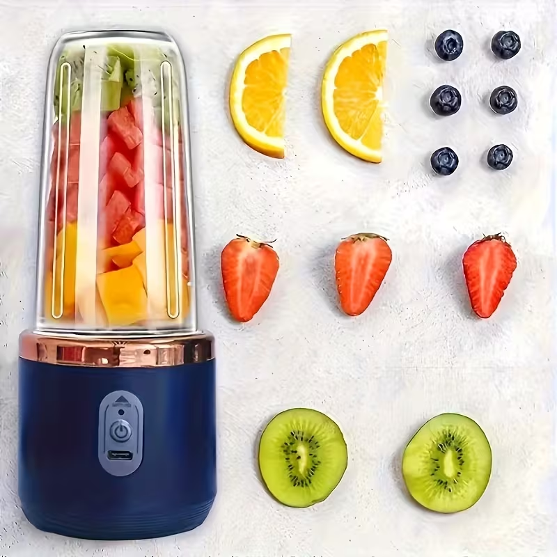 Portable Juicer That Can Be Charged Via USB, Comes with Two Cups, Features a Sport Cup Lid, And Is Multifunctional. It Has a Design And a Six-Blade System for Quick Juicing, Producing Smooth Juice, Making It Ideal for Home, Kitchen, And Travel Use