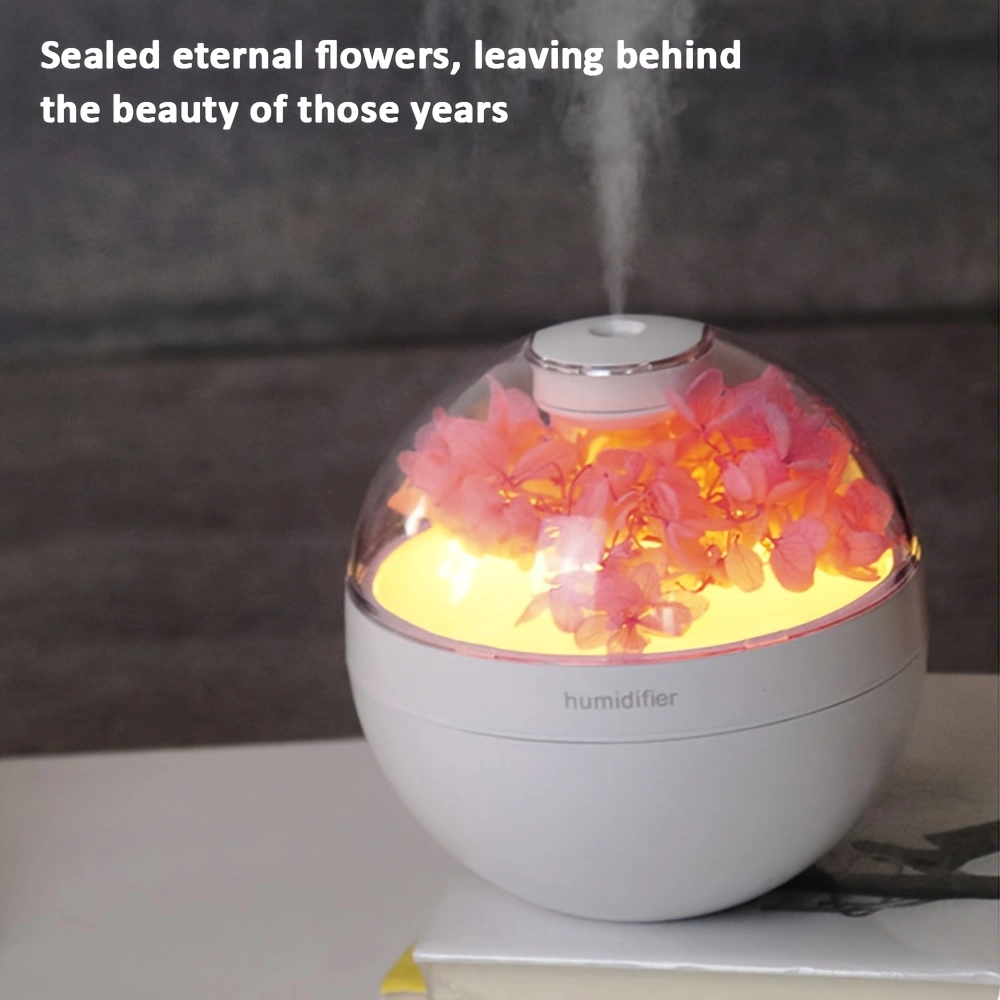 Preservative flower humidifier, USB multi-scene creative ultrasonic humidification and moisturizing spray, wired humidification, warm light mode, two spray levels, easy button operation, automatic power-off to prevent dry burning.