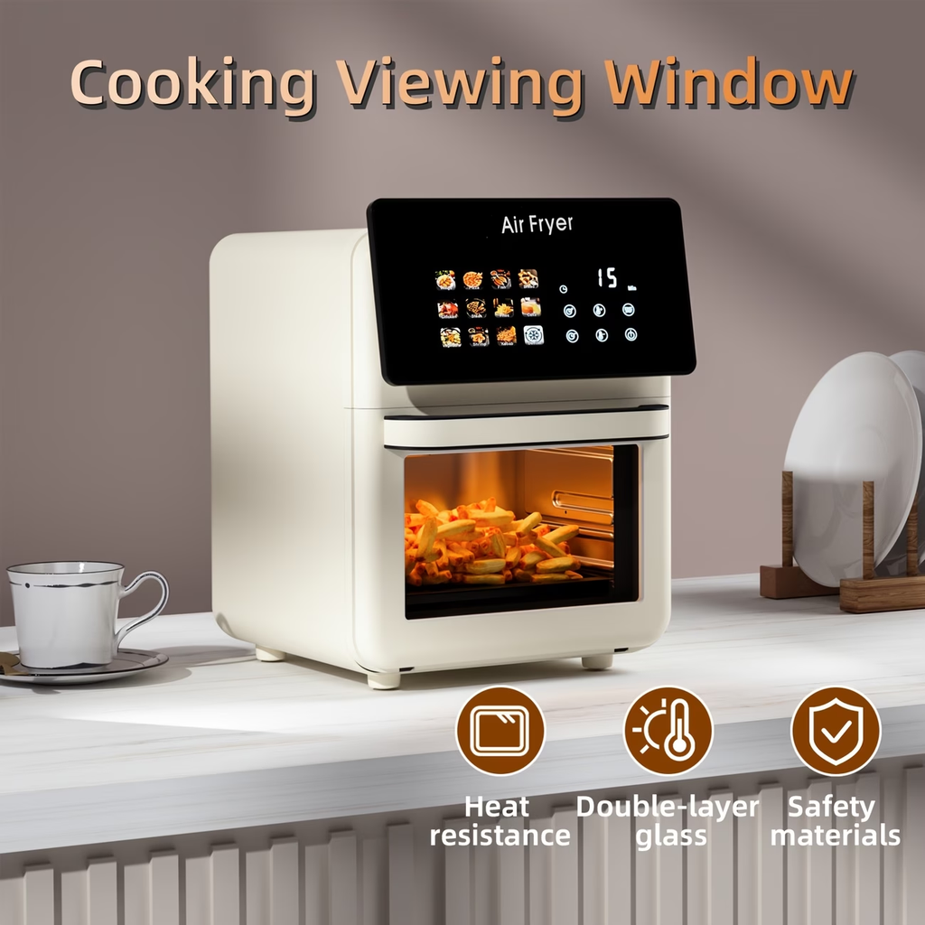2.64gal Large Pro Air Fryer Oven with Grill Combo for Kitchen Use, 12-In-1 Smart Convection Ovens, Air Fryer with Glass Viewing Window, Nonstick Basket, Fryer Liners, Removable Door - White