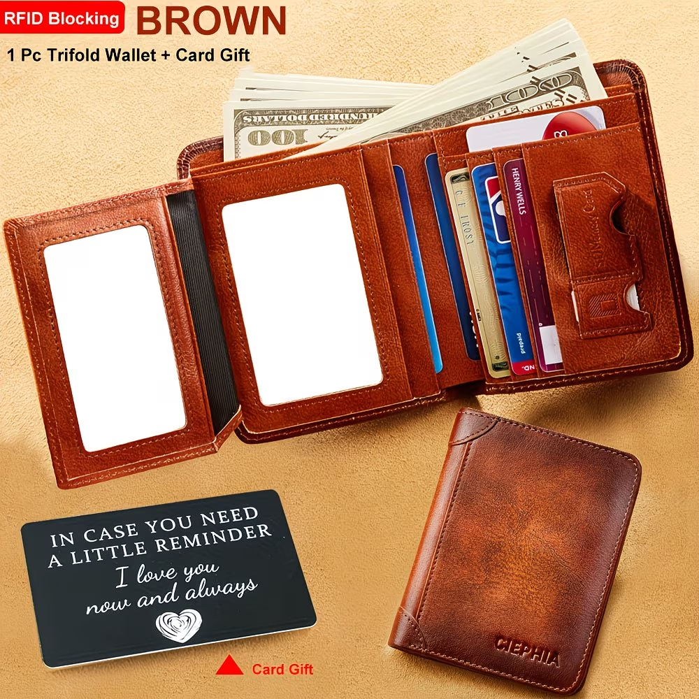 Genuine Leather Men's Wallet with Blessing Card Set, RFID Blocking, Ultra-Thin, Top-Grain Cowhide, Compact Multi-Function ID and Credit Card Holder, Christmas Valentine's Day Father's Day Gift