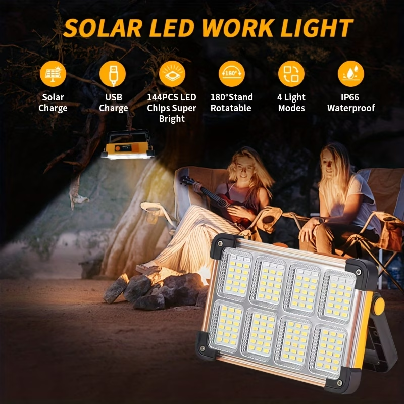 1pc 144 LED Bead 8-Grid Emergency Light, Solar-Powered Searchlight with 5 Lighting Modes, USB Charging Function, Long-Lasting Battery, IP66, Portable Floodlight, Transparent Grid Surface Design with Black/Yellow Handle, Magnetic Base Emergency
