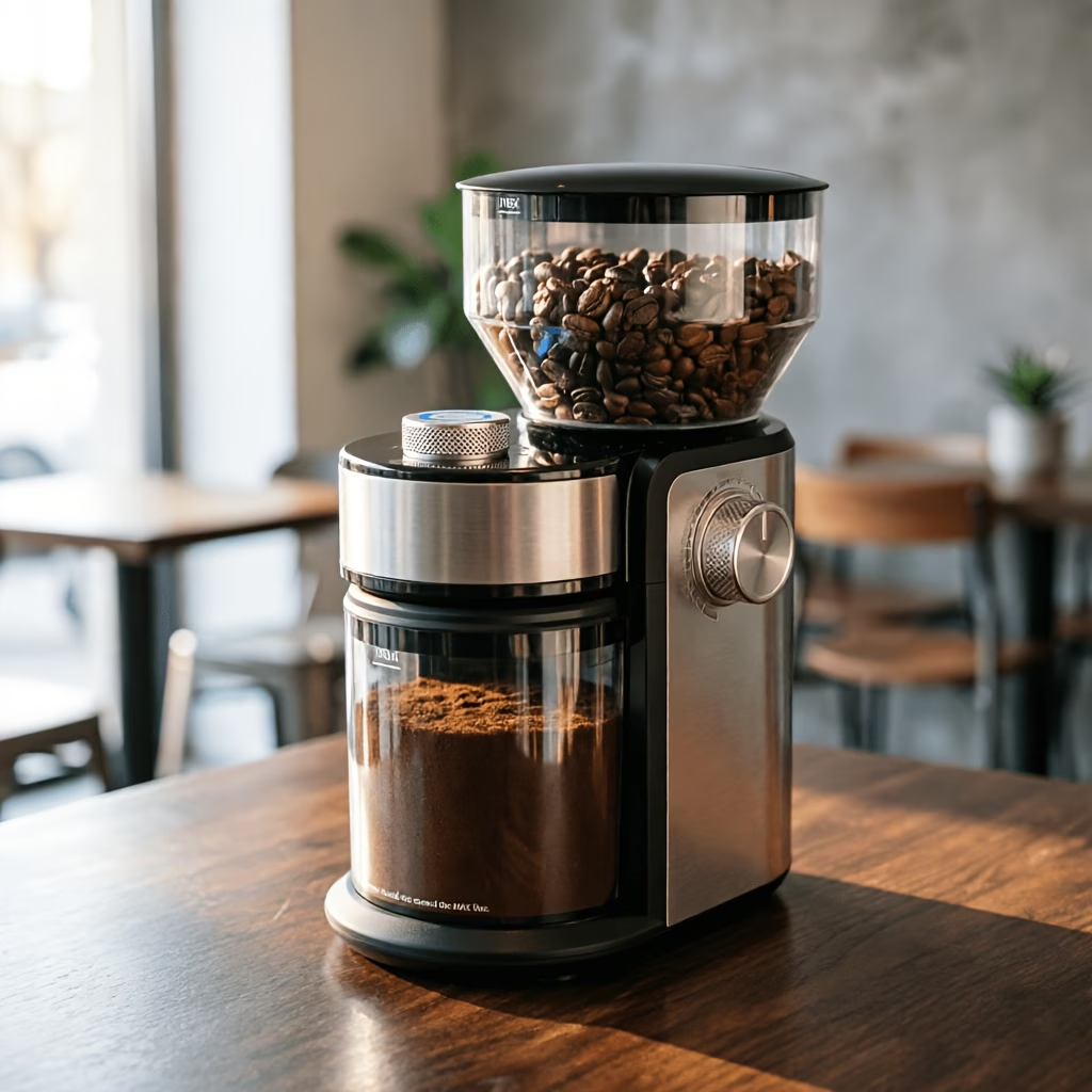 Electric Coffee Mill Featuring Adjustable Burrs, Offering 16 Precise Grinding Options for 2 to 14 Cups, in Black Color.