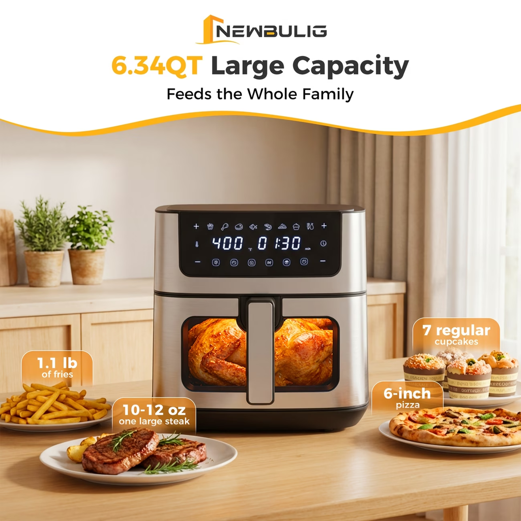 6.34QT Multi-Function Air Fryer with Ceramic Coating Suitable for Roast, Bake, Broil, Dehydrate, Reheat & Keep Warm, Digital Temperature (90°F-450°F), Easy-Clean Cooker for, -Type Plug ( Plug)