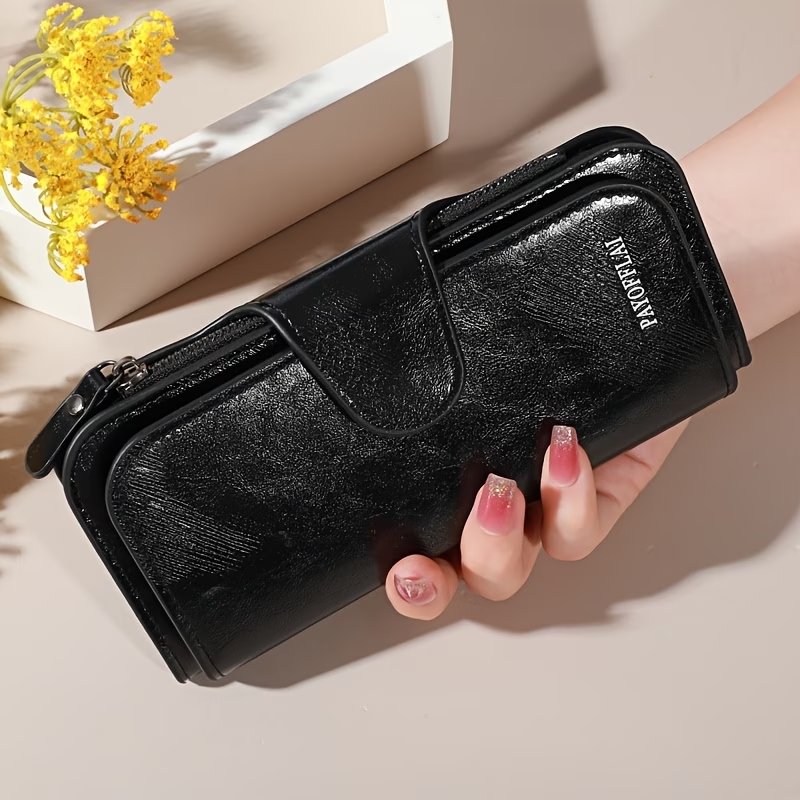 Women'S Large Capacity Clutch Luxury Waxed Wallet Multi-Card Storage Box Credit Card Holder Wallet with Zipper Pocket ID Window