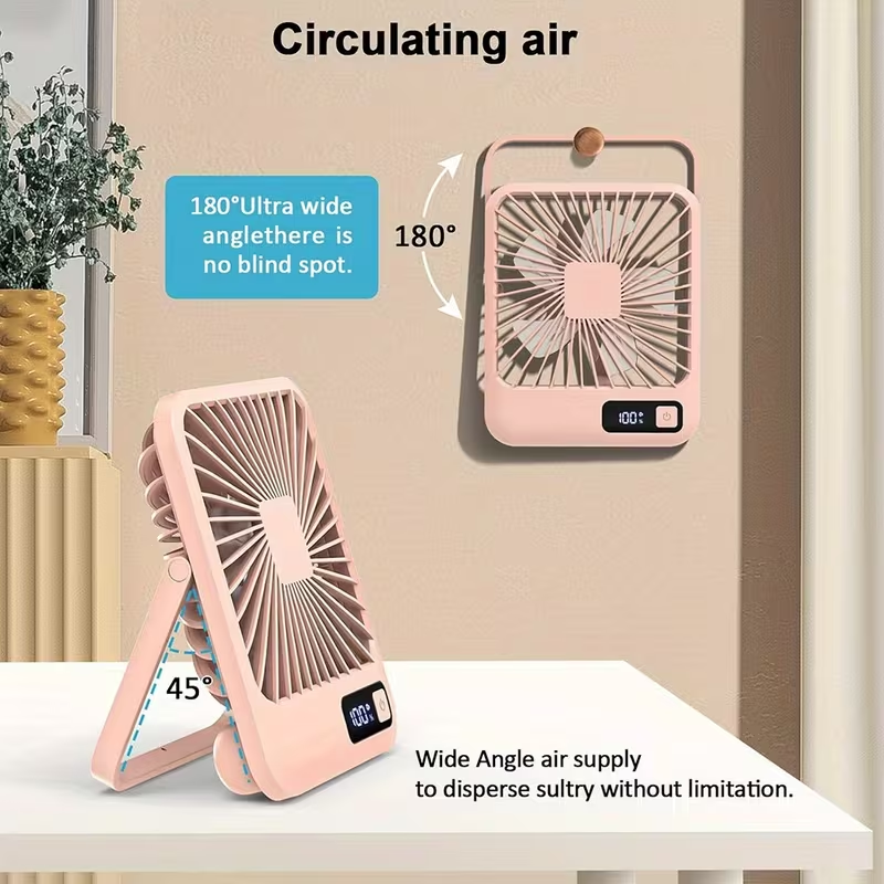 Rechargeable Table Fan with a 1800Mah Battery, Featuring a 180° Foldable Design And Power Display. This Ultra-Quiet Desktop Fan Is Ideal for Home, Office, Travel, And Outdoor Use, Offering 5 Speed Settings