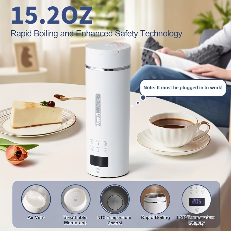 1pc Travel Electric Kettle, Portable Mini Water Boiler with 6 Temperature Settings, 304 Stainless Steel, Auto Shut-Off and Boil-Dry Protection, BPA-Free, 15.22oz, Suitable for Brewing Coffee, Flower Tea, and Milk