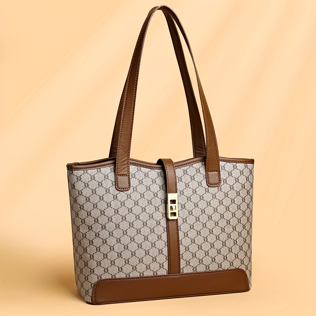 Women's Large Capacity Tote Bag - Coffee & Gray with Golden-Tone Hardware, Zipper Closure, Sturdy Handles & Detachable Shoulder Strap for Work, Travel, Everyday Use, Elegant Handbag, Oiled Edge Construction