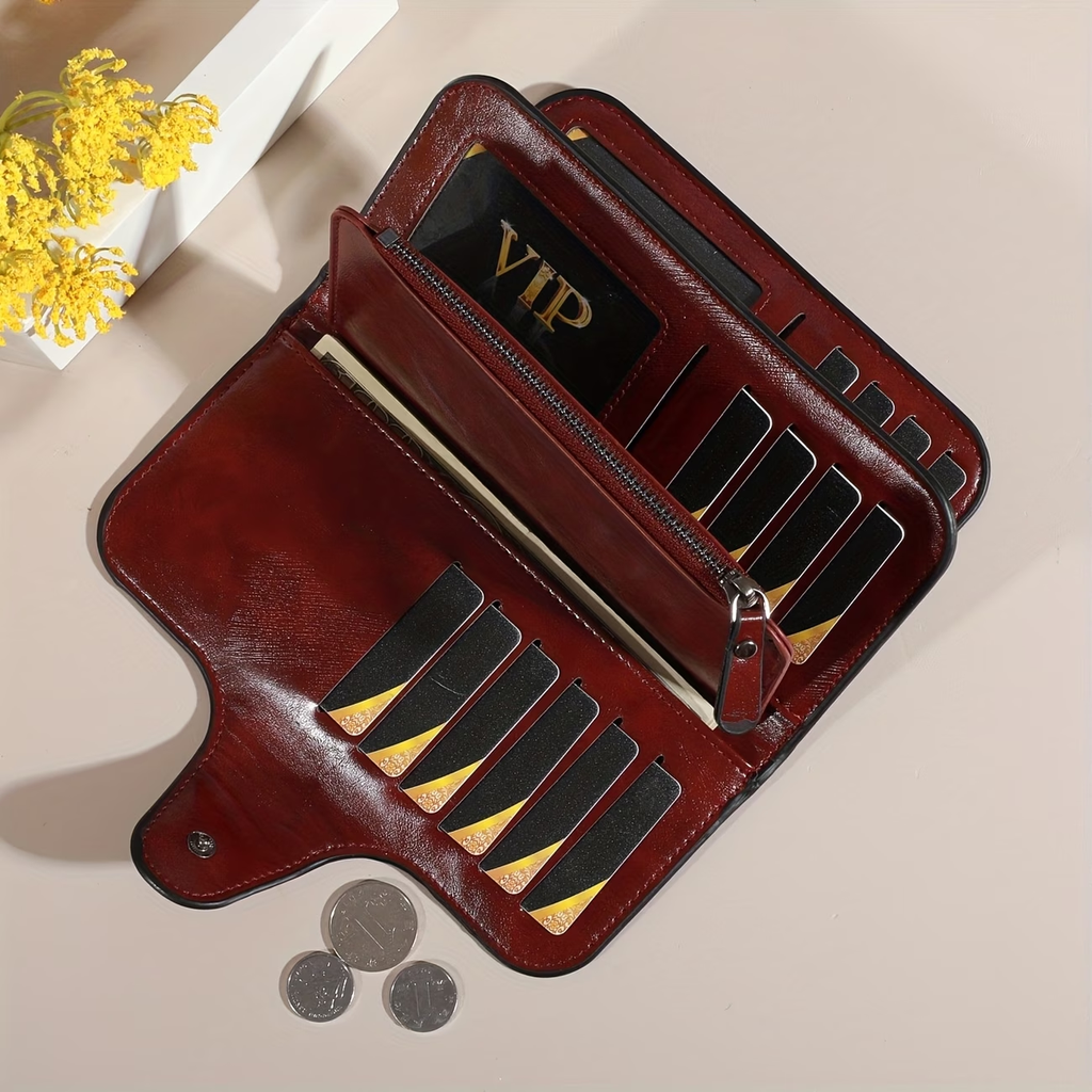 Women'S Large Capacity Clutch Luxury Waxed Wallet Multi-Card Storage Box Credit Card Holder Wallet with Zipper Pocket ID Window