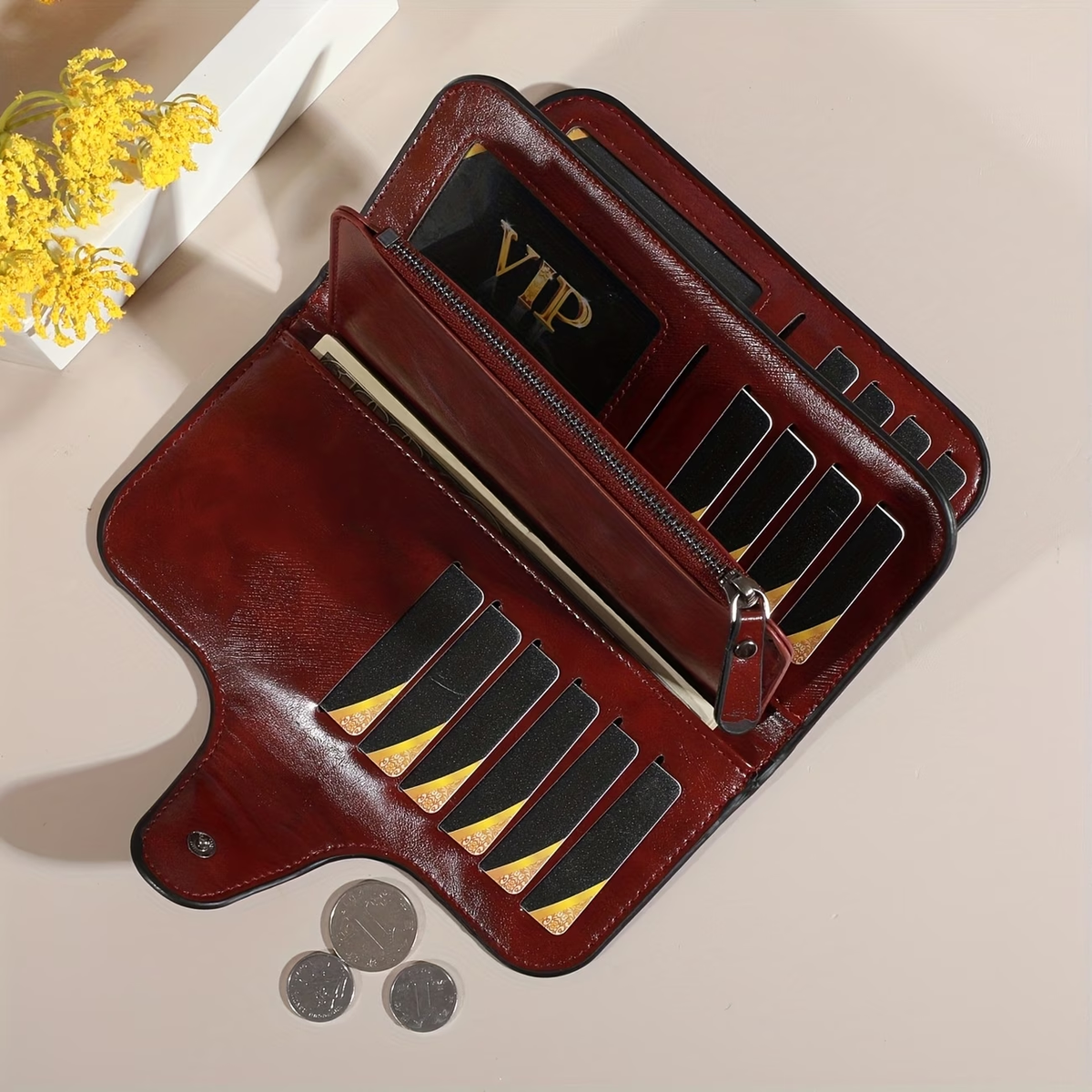 Women'S Large Capacity Clutch Luxury Waxed Wallet Multi-Card Storage Box Credit Card Holder Wallet with Zipper Pocket ID Window