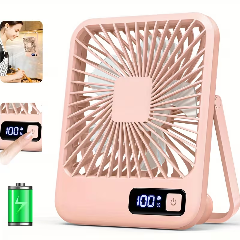 Rechargeable Table Fan with a 1800Mah Battery, Featuring a 180° Foldable Design And Power Display. This Ultra-Quiet Desktop Fan Is Ideal for Home, Office, Travel, And Outdoor Use, Offering 5 Speed Settings