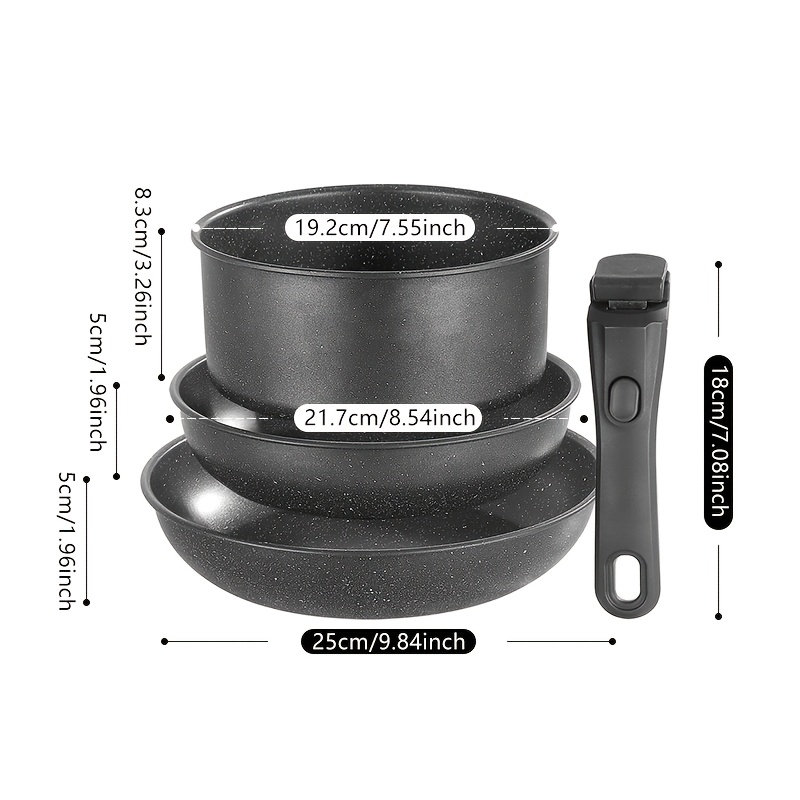 Non-stick cookware set (3 pieces): 2 frying pans + 1 saucepan + 1 cookware set with detachable handle.