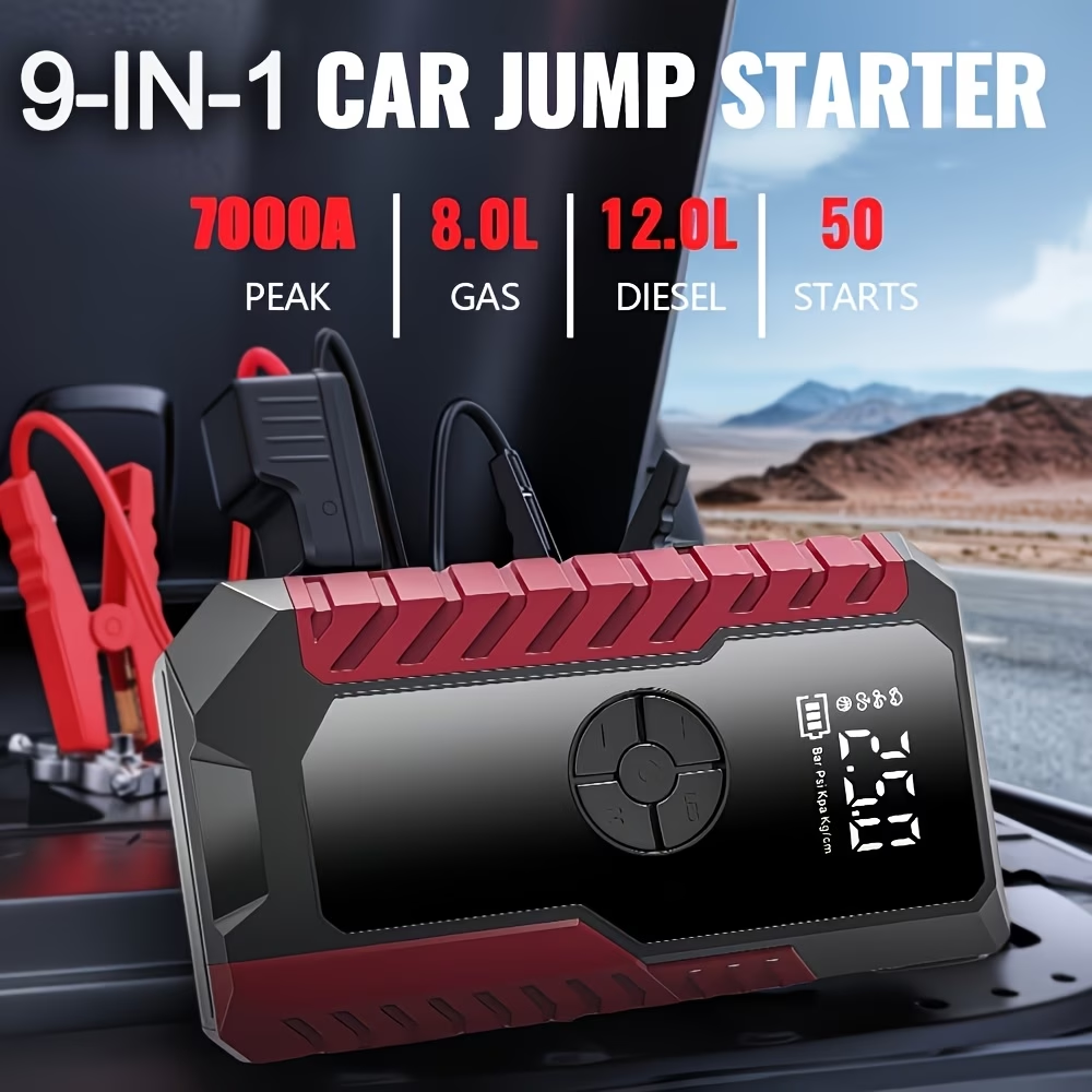 5-in-1/9IN1 Portable Car Battery Jump Starter With Tire Inflator 12V Fast Start, Battery Boost, USB I/O, LED Emergency Light, Reliable Power, Roadside/Vehicle Emergency Tools 3000A Portable Wireless Car Jump Starter Battery Jump Starter Portable Pea