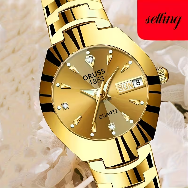 Women's Watch Luxury Rhinestone Quartz Watch Golden Fashion Analog Calendar Wrist Watch Date Watch