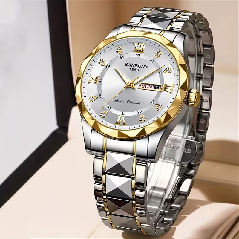 1 New Stainless Steel Men'S Quartz Watch with Roman Numerals, Rhinestone Dial, Date Calendar, Trendy Minimalist Luxury Brand, Luminous Sports Casual Business Multi-Functional Watch - Ideal Birthday Gift and Holiday Present, Elegant Watch For Men