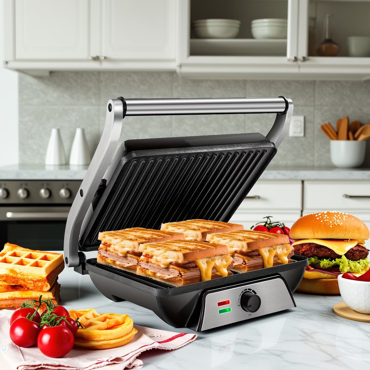 3-in-1 Electric Indoor Grill - Panini Press with Non-Stick Cooking Plates, Opens 180-Degree Gourmet Sandwich Maker, Floating Hinge Fits All Foods, Panini Press Grill with Grease Tray