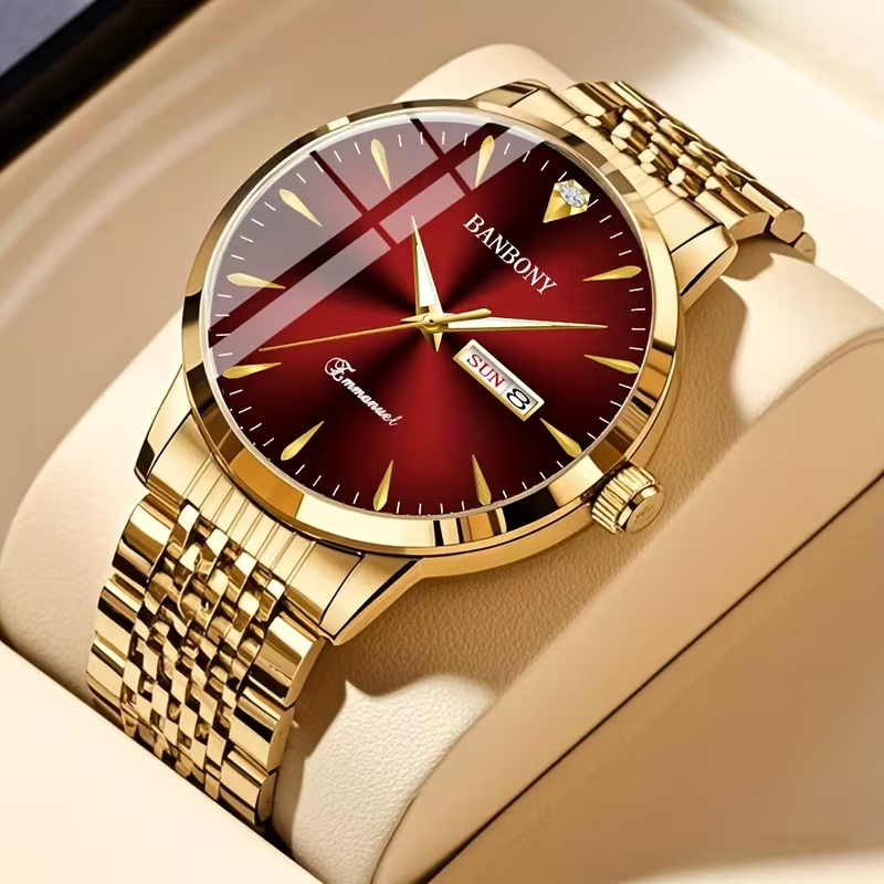 New Banbony Unisex Stainless Steel Quartz Watch with Rhinestone Accents, Water-Resistant IPX7, Sleek HD Dial, Date Display, Golden-Tone Finish - Ideal for Casual Wear, Parties, and Gifts