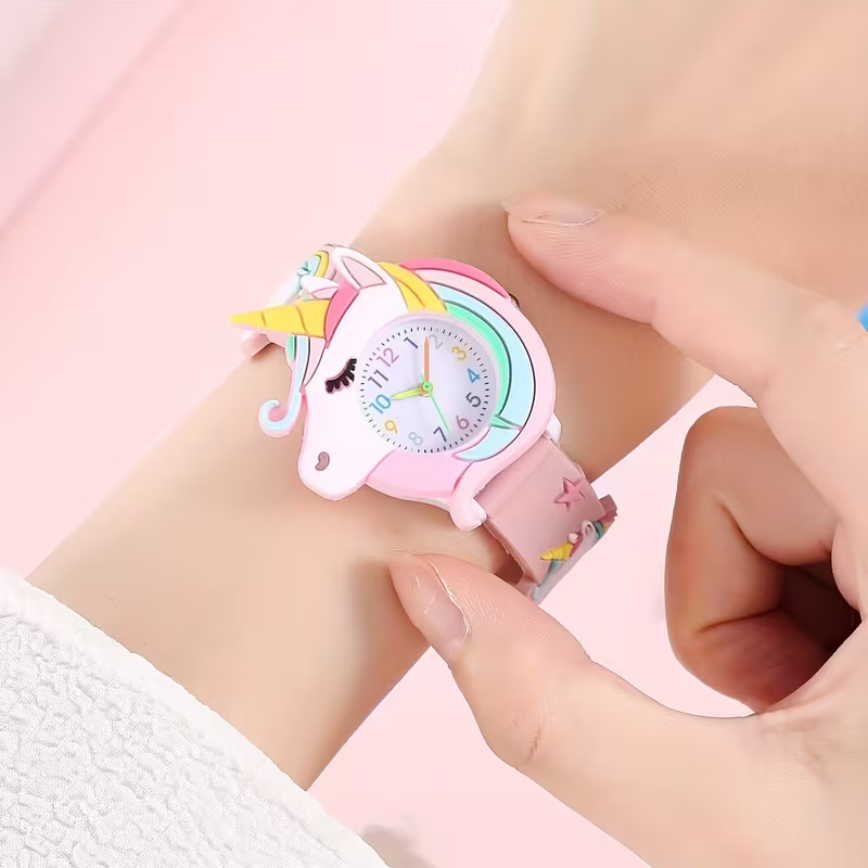 New Unicorn Cartoon Watch for Kids, Silicone, Quartz Movement, Non-Water Resistant, Battery Powered, Button Battery Included, Mixed Colors, Cute Design, Durable Strap