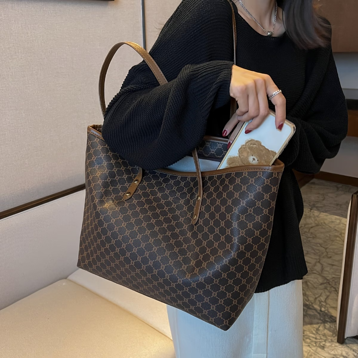 Women'S Vintage Pattern Tote Bag, Large Capacity, Stylish Bag for Work