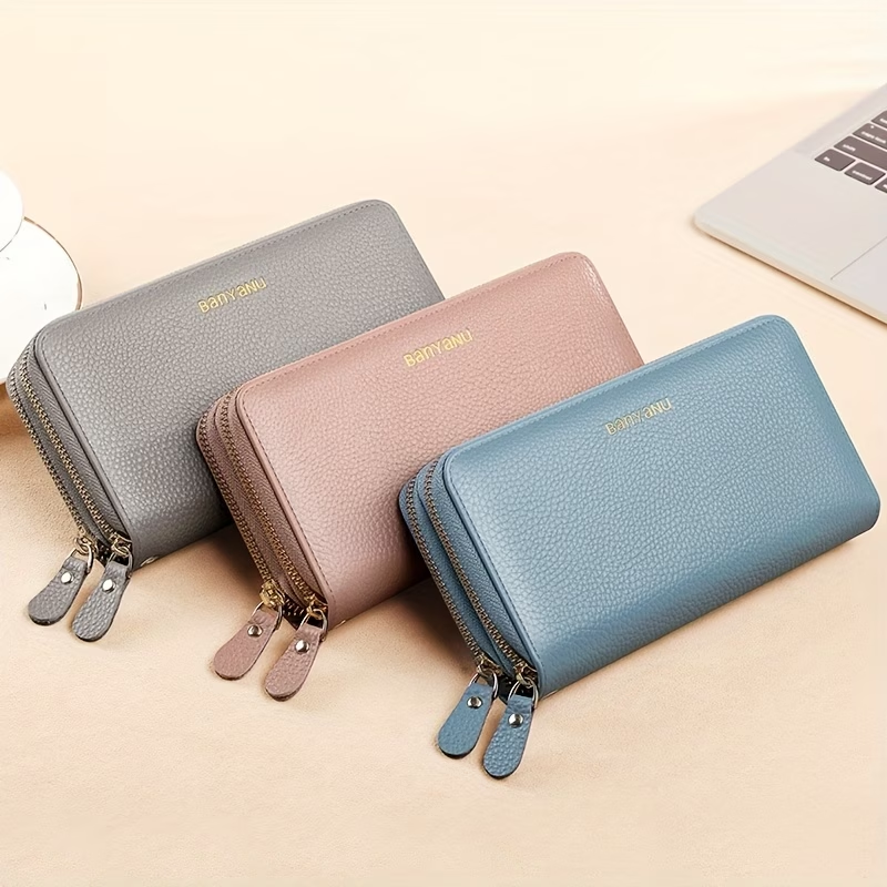 Women'S Long Wallet, Stylish And Spacious, Made of Top-Layer Cowhide, Double Zipper Genuine Leather Clutch Bag 9009