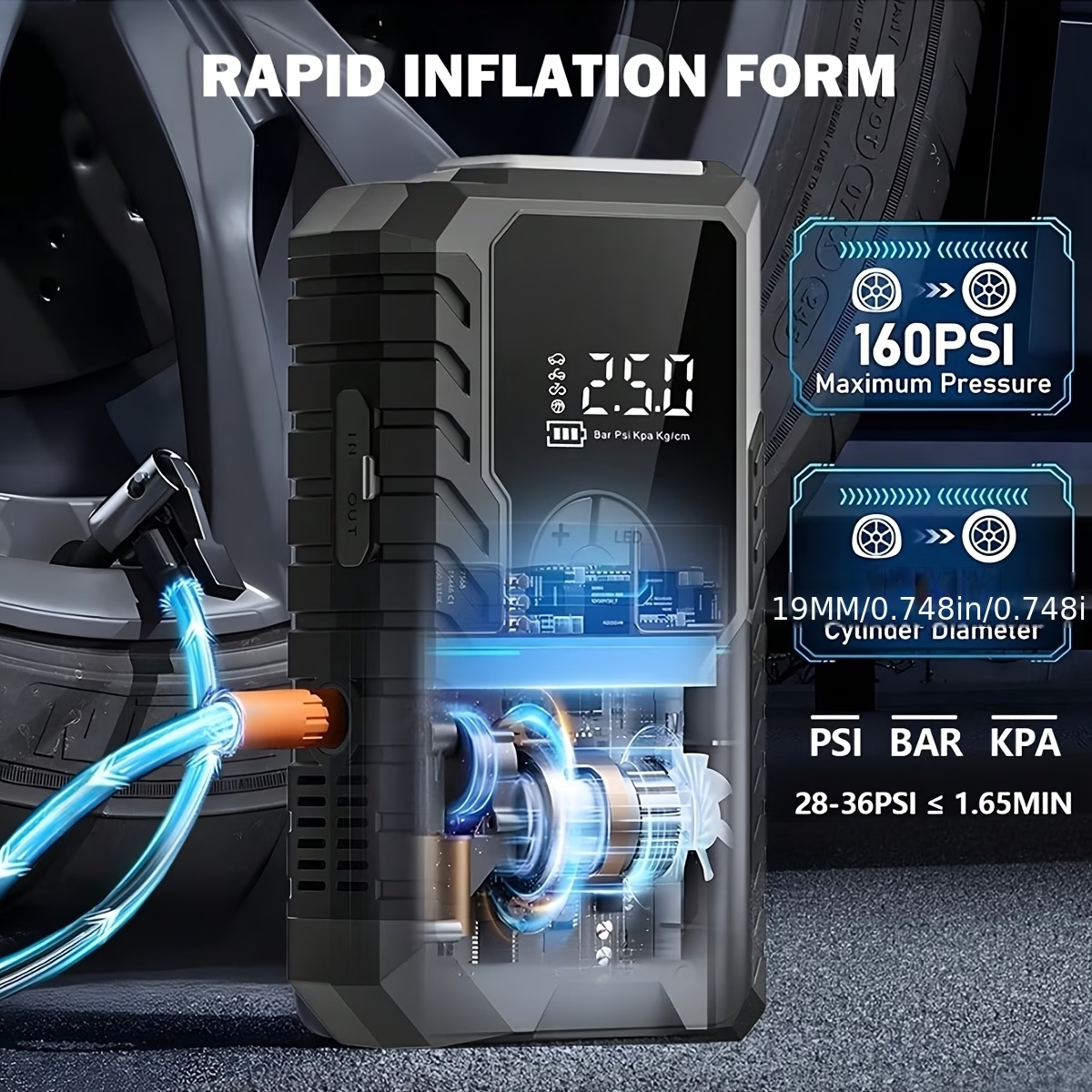 Portable Tire Inflator with Digital Pressure Gauge | 180 PSI, Rechargeable Battery, LED Light, Cordless, Suitable for Cars, Motorcycles, Bicycles, and Balls