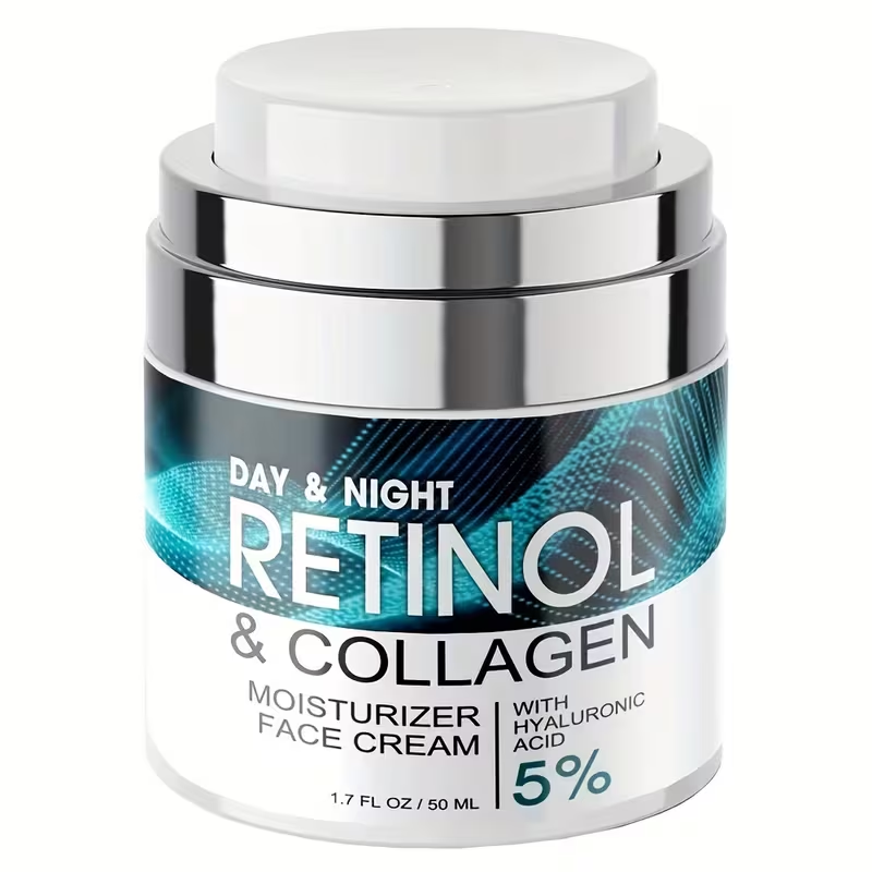 1pc 50ml Retinol Moisturizing Cream with Collagen, Hyaluronic Acid & Vitamin E • Hypoallergenic Face Moisturizer for Dry Light • Improves Elasticity • Hydrating Lotion for Women & Men • All Light Types • Daily Skincare • Sleek Jar Design