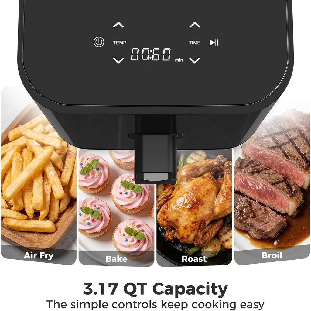 3QT 4-in-1 Multi-functional Air Fry, Roast, Reheat & Dehydrate, Nonstick Basket & Crisper Plate, Easy to Clean