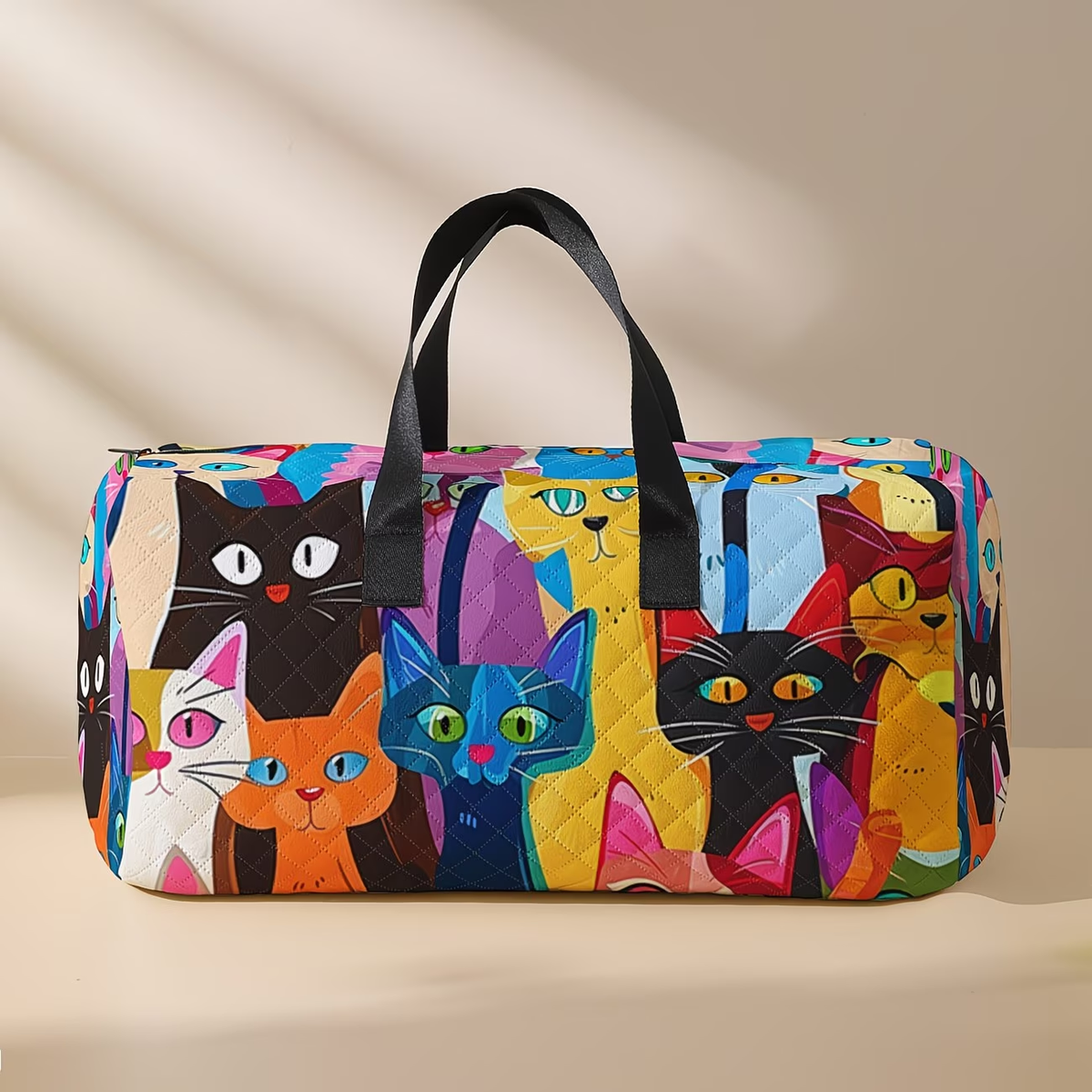 Cartoon Abstract Kitten Pattern Printed Handbag, Diamond Grid Large Capacity Travel Luggage Bag, Portable Overnight Bag, Fashionable Travel Bag, Yoga Training Bag, Portable Crossbody Bag with Shoe Storage