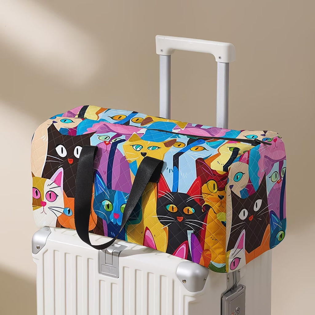 Cartoon Abstract Kitten Pattern Printed Handbag, Diamond Grid Large Capacity Travel Luggage Bag, Portable Overnight Bag, Fashionable Travel Bag, Yoga Training Bag, Portable Crossbody Bag with Shoe Storage