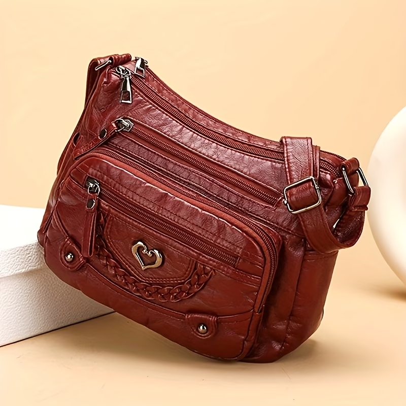 Multi-Pocket Hot Selling Vintage Crossbody Bag - Adjustable Shoulder Strap & Multi-Pocket Design, Large Capacity Heart Decoration Casual Monochrome Tote, Fashionable Trendy Choice, Suitable for Daily Use