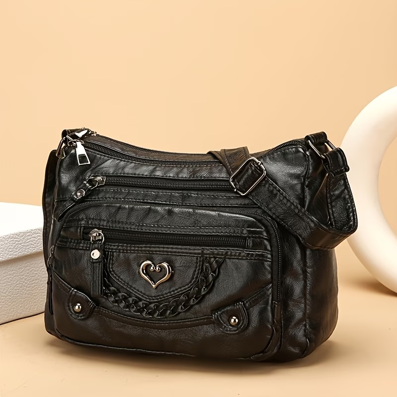 Multi-Pocket Hot Selling Vintage Crossbody Bag - Adjustable Shoulder Strap & Multi-Pocket Design, Large Capacity Heart Decoration Casual Monochrome Tote, Fashionable Trendy Choice, Suitable for Daily Use