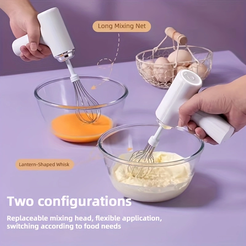 Electric handheld mini mixer with 2 detachable beaters and 3 speed modes.