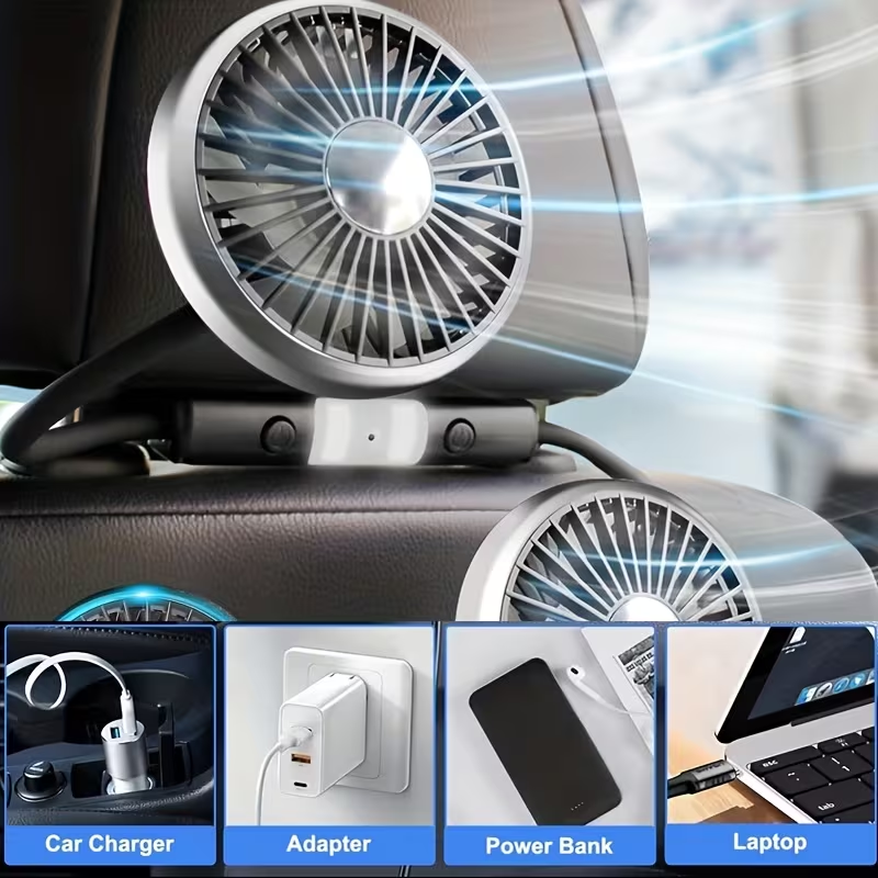 A Dual-Head Hose Fan for Cars, Featuring a USB Interface for The Rear Seat, Offers 360° Rotation And Three-Speed Strong Airflow. This USB Device Is Designed for Cooling in Vehicles And Is Also Compatible with Laptops