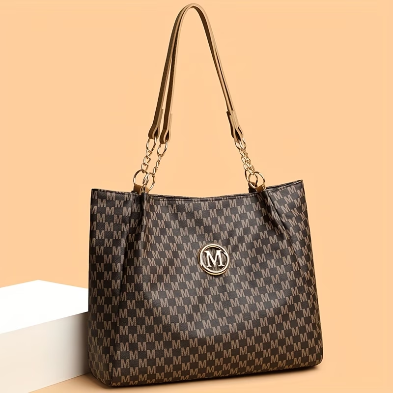 Women's Vintage Prescription-Style Shoulder Bag, Large Capacity Letter-Print Tote Bag, Daily Commute Handbag, Outing and Shopping Carryall Purse