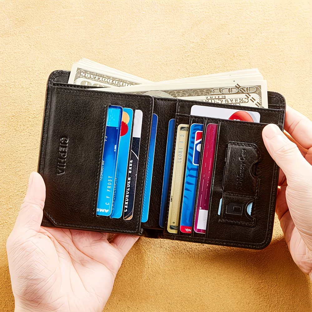 Genuine Leather Men's Wallet with Blessing Card Set, RFID Blocking, Ultra-Thin, Top-Grain Cowhide, Compact Multi-Function ID and Credit Card Holder, Christmas Valentine's Day Father's Day Gift