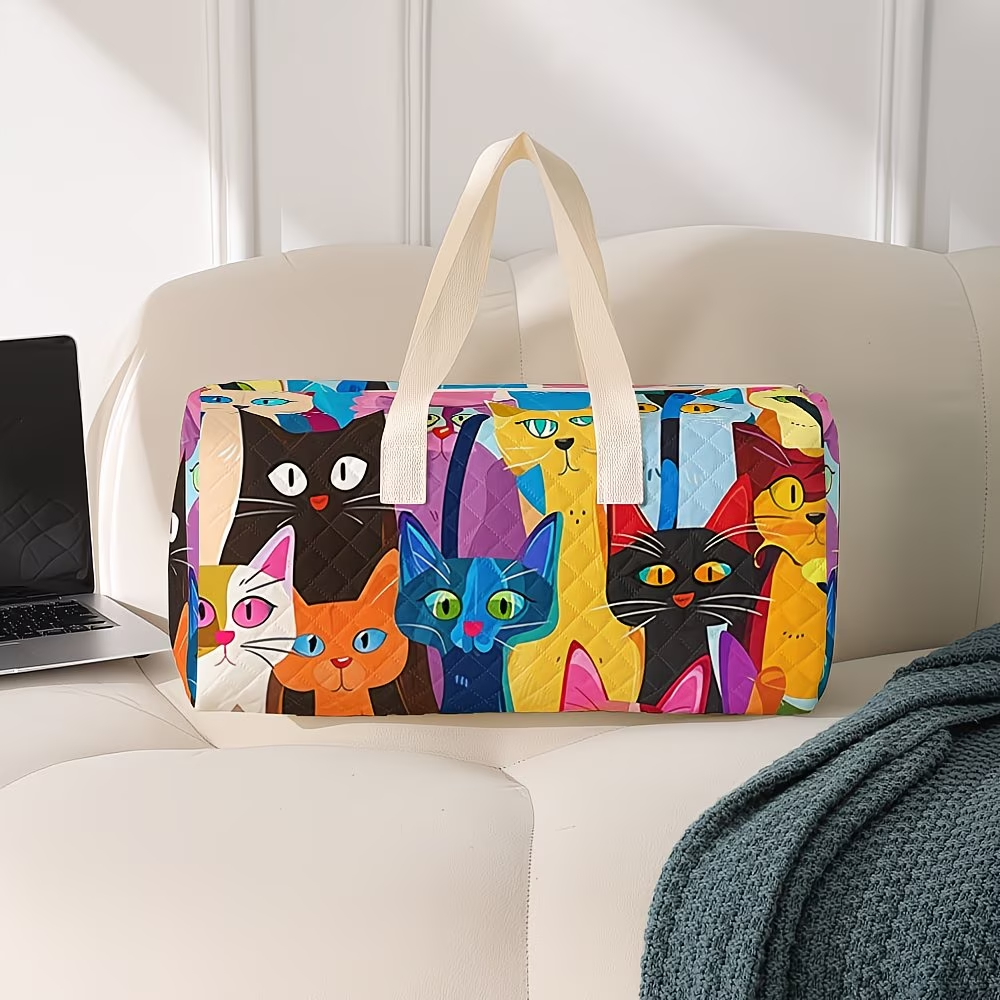 Cartoon Abstract Kitten Pattern Printed Handbag, Diamond Grid Large Capacity Travel Luggage Bag, Portable Overnight Bag, Fashionable Travel Bag, Yoga Training Bag, Portable Crossbody Bag with Shoe Storage