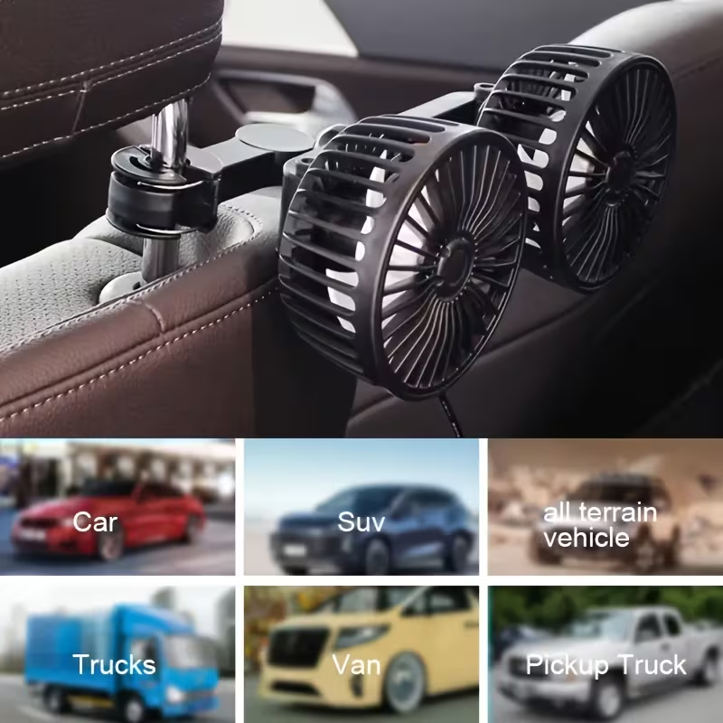 Car mounted RV silent fan, dual fan, car mounted fan, dual head rear ventilation fan, powerful wind power, 360 degree rotation, super large airflow, ultra quiet operation, easy to clip and install, suitable for cars and homes
