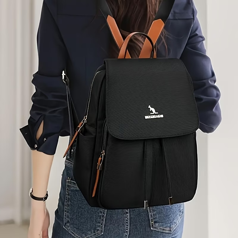 Fashionable Large Capacity Women'S Backpack | Lightweight, Adjustable Shoulder Straps, Durable Lining, Zipper Closure, Black with White Logo, Perfect for Travel & Daily Commute, Secure Zipper Closure