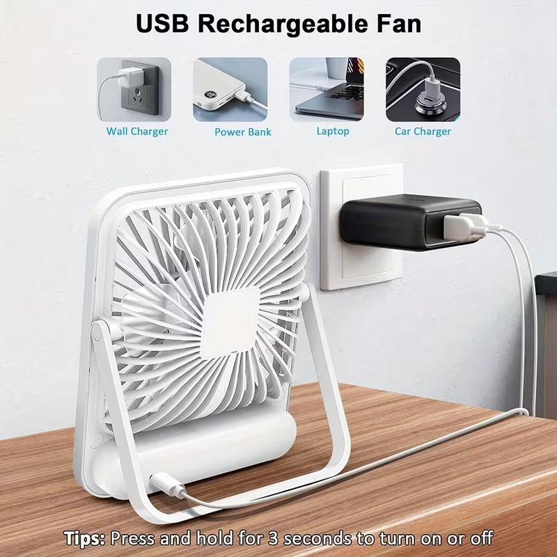 Rechargeable Table Fan with a 1800Mah Battery, Featuring a 180° Foldable Design And Power Display. This Ultra-Quiet Desktop Fan Is Ideal for Home, Office, Travel, And Outdoor Use, Offering 5 Speed Settings