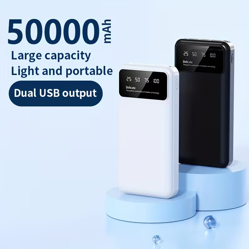 A Portable Power Bank with a Capacity of 50000Mah, Suitable for Charging Mobile Phones And Android Devices, Featuring an LED Display for Power Output And a Flashlight, Ideal for Outdoor Travel As an Emergency Power Source, Backup Battery Pack