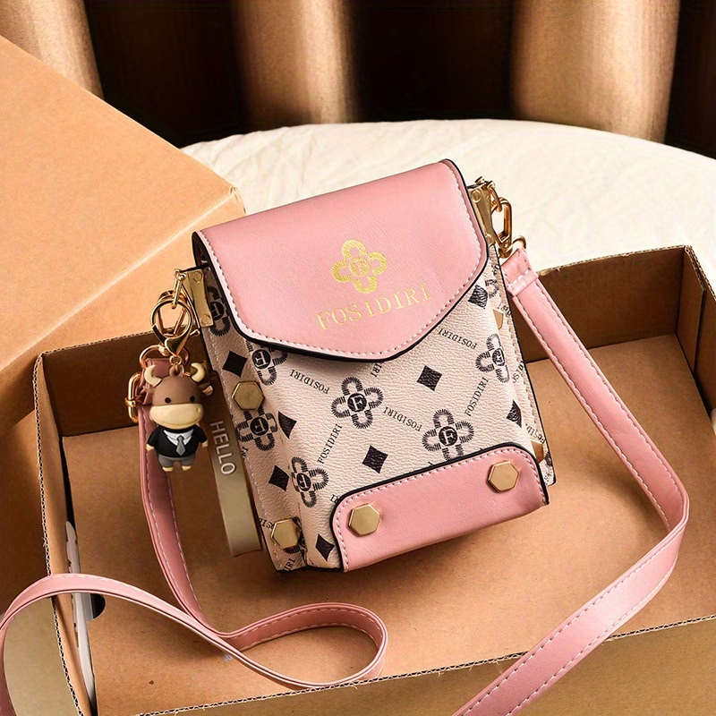 FOSIDIRI Women'S Fashionable Faux Leather Crossbody Bag - Geometric Pattern, Magnetic Closure, Adjustable Strap, Stylish Black & Beige Design with Floral Accents, Everyday Bag|Geometric Pattern Bag|Magnetic Closure Bag