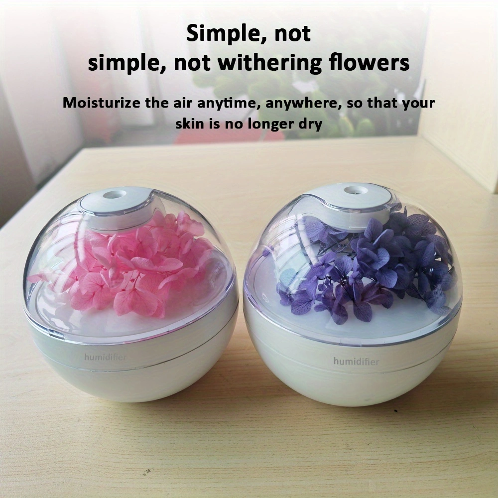 Preservative flower humidifier, USB multi-scene creative ultrasonic humidification and moisturizing spray, wired humidification, warm light mode, two spray levels, easy button operation, automatic power-off to prevent dry burning.