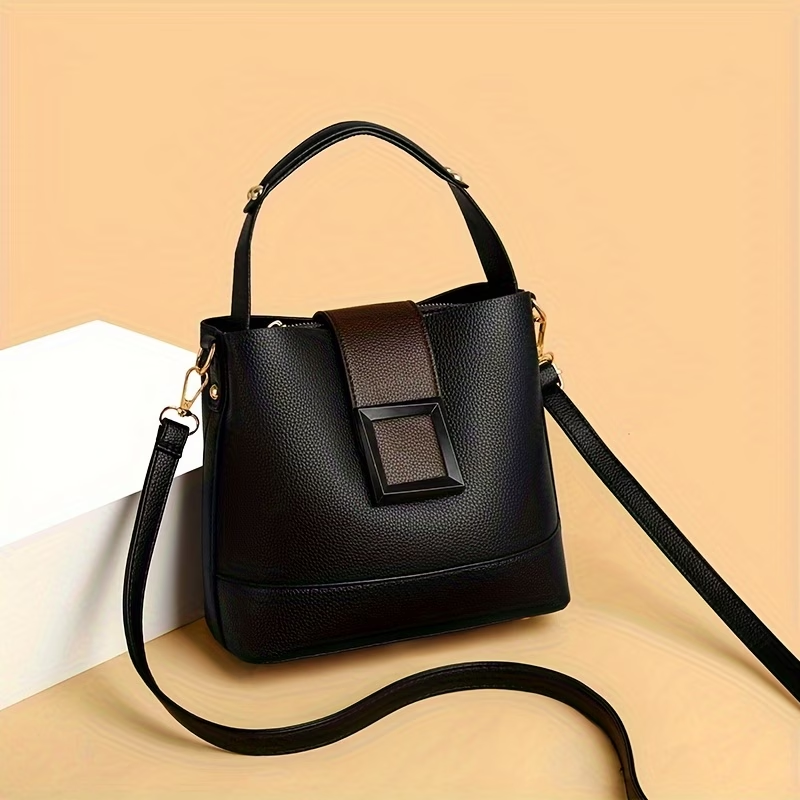 Elegant Solid Bucket Bag with Adjustable Shoulder Strap - Ladies' Multi-Functional Body And Handbag, Lightweight with Zipper Closure