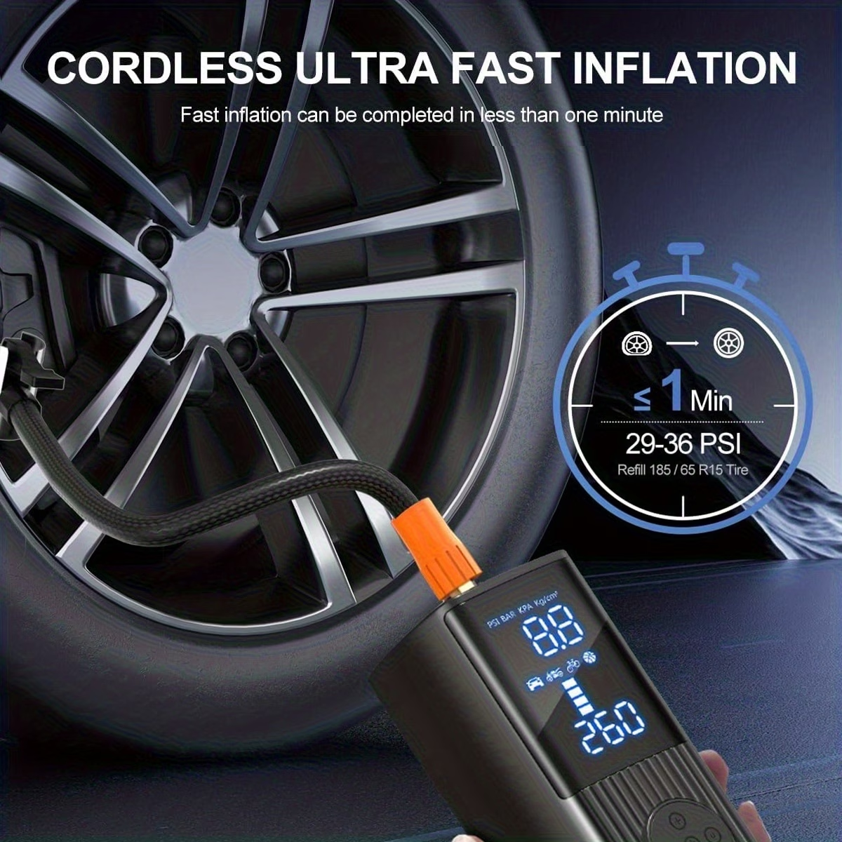 Portable Tire Inflator with Digital Pressure Gauge | 180 PSI, Rechargeable Battery, LED Light, Cordless, Suitable for Cars, Motorcycles, Bicycles, and Balls