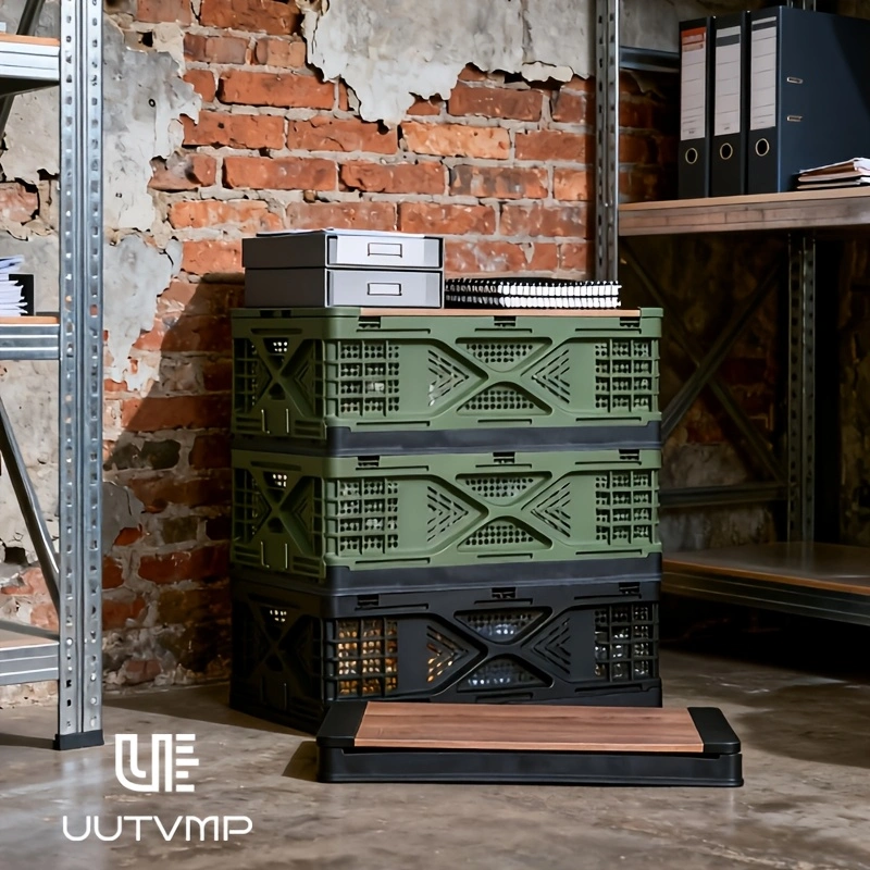 Collapsible storage box with wooden top—foldable, stackable, and suitable for outdoor camping, patio use, kitchen storage, and more.